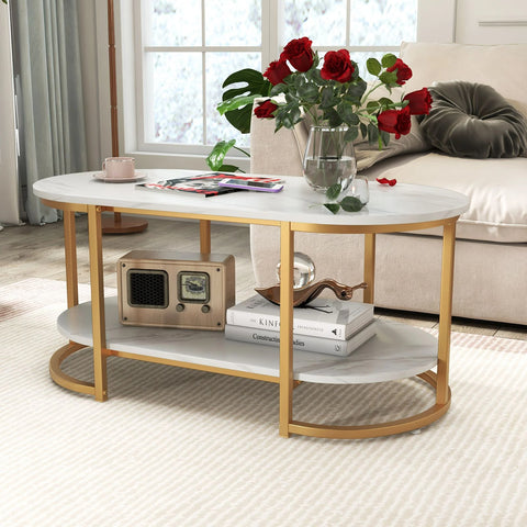 Contemporary 2 Tier Faux Marble Coffee Table with Heavy Duty Metal Structure