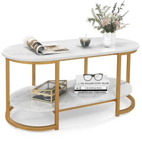 Contemporary 2 Tier Faux Marble Coffee Table with Heavy Duty Metal Structure