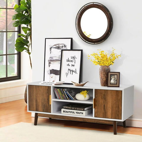 Stylish Two Colours TV Stand with 2 Enclosed Cabinets and Ample Storage