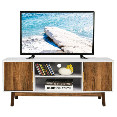 Stylish Two Colours TV Stand with 2 Enclosed Cabinets and Ample Storage