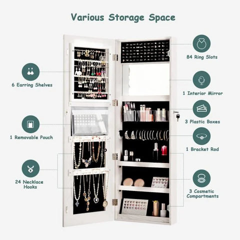 Mountable Jewellery Cabinet with Full-Length Mirror and LED Lights