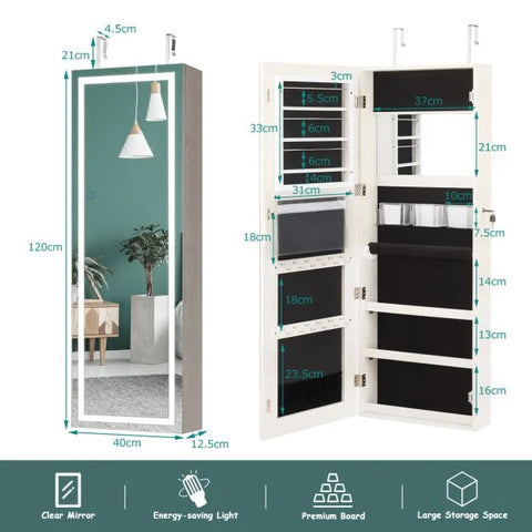 Mountable Jewellery Cabinet with Full-Length Mirror and LED Lights