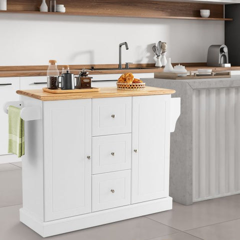 Sleek and Modern Island Cart with Rubberwood Countertop and Movable Wheels