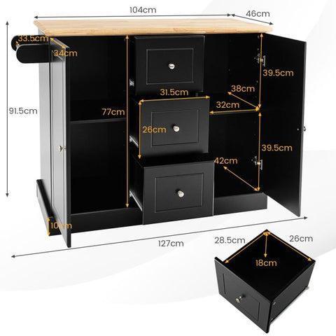 Sleek and Modern Island Cart with Rubberwood Countertop and Movable Wheels