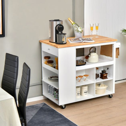 Rugged and Simple Kitchen Island Cart with Lockable Casters and Rubber Wood Top