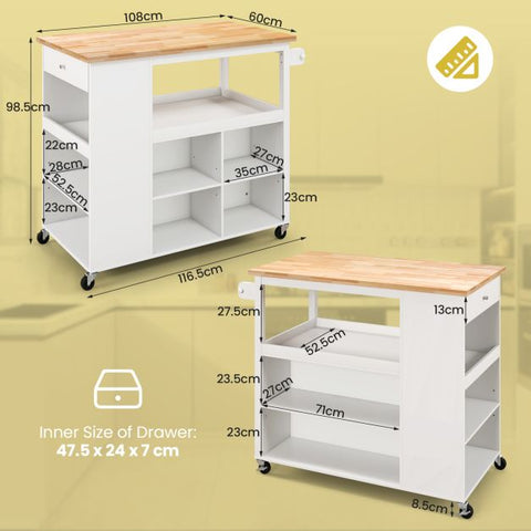 Rugged and Simple Kitchen Island Cart with Lockable Casters and Rubber Wood Top