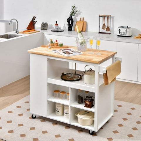Rugged and Simple Kitchen Island Cart with Lockable Casters and Rubber Wood Top