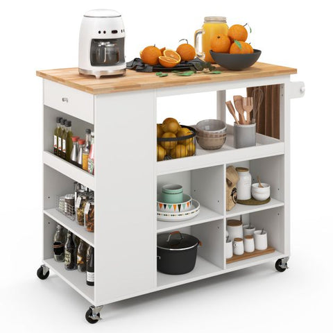 Rugged and Simple Kitchen Island Cart with Lockable Casters and Rubber Wood Top