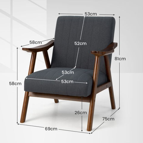 Homely Lean Back Armchair with Rubber Wood Frame in Grey
