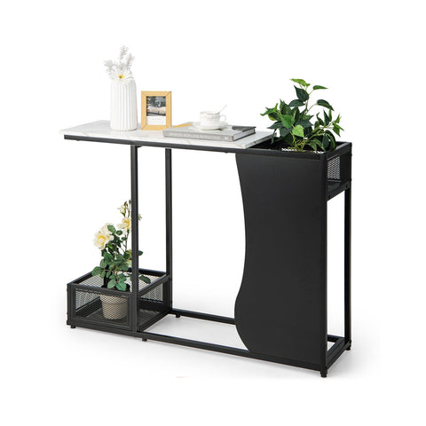 Stylish Entryway Console Table with Partitioned Storage and Faux Marble Top