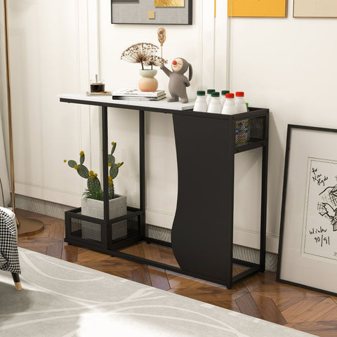 Stylish Entryway Console Table with Partitioned Storage and Faux Marble Top