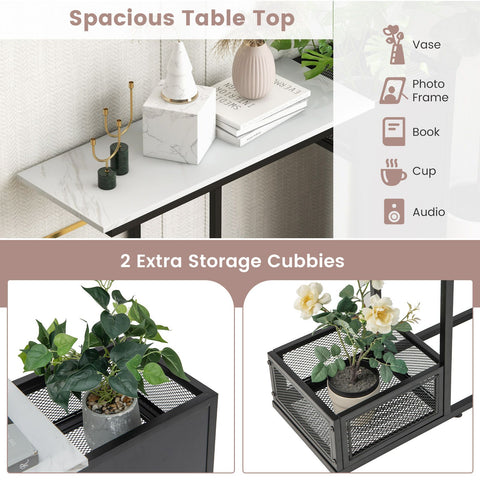 Stylish Entryway Console Table with Partitioned Storage and Faux Marble Top