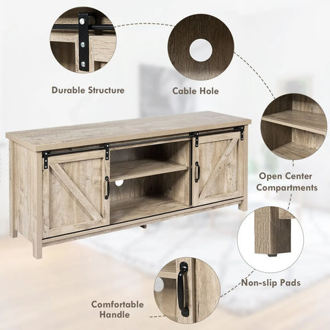 Elegant and Rustic TV Stand with Ample Storage and Functional Barn Doors
