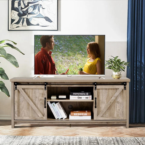 Elegant and Rustic TV Stand with Ample Storage and Functional Barn Doors