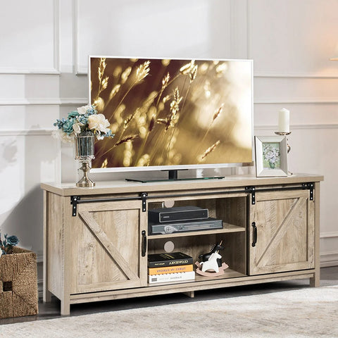 Elegant and Rustic TV Stand with Ample Storage and Functional Barn Doors