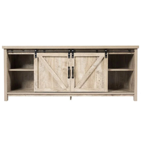 Elegant and Rustic TV Stand with Ample Storage and Functional Barn Doors