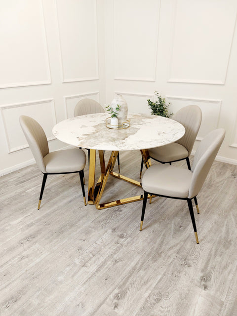Freya Gold Dining Table with 130 CM Round  Sintered Stone Top