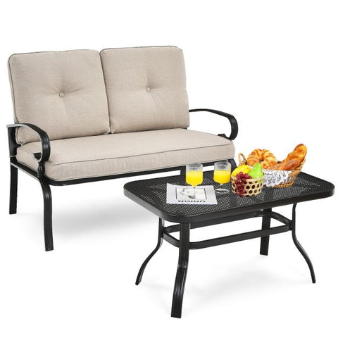 Outdoor Furniture Conversation Bench with soft cushions and Steel Coffee Table