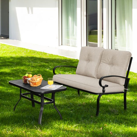 Outdoor Furniture Conversation Bench with soft cushions and Steel Coffee Table