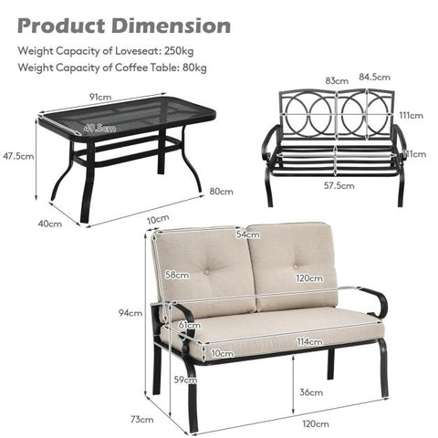 Outdoor Furniture Conversation Bench with soft cushions and Steel Coffee Table