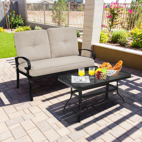 Outdoor Furniture Conversation Bench with soft cushions and Steel Coffee Table