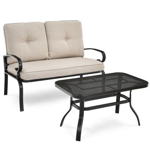 Outdoor Furniture Conversation Bench with soft cushions and Steel Coffee Table