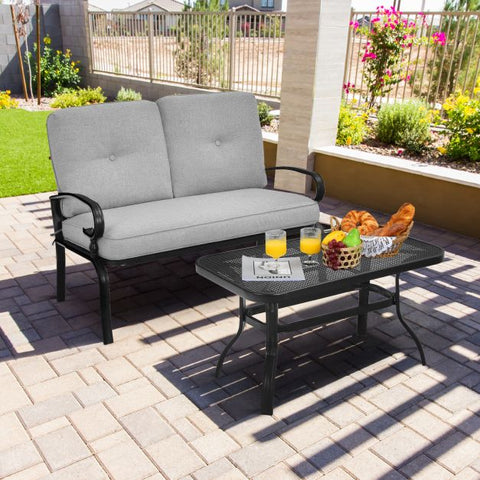 Outdoor Furniture Conversation Bench with soft cushions and Steel Coffee Table