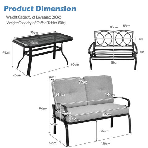 Outdoor Furniture Conversation Bench with soft cushions and Steel Coffee Table