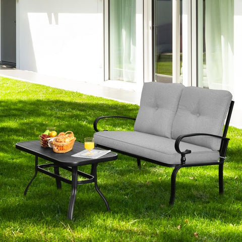 Outdoor Furniture Conversation Bench with soft cushions and Steel Coffee Table