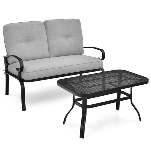 Outdoor Furniture Conversation Bench with soft cushions and Steel Coffee Table