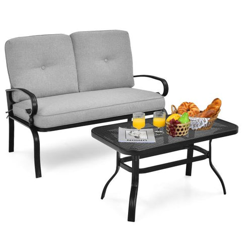 Outdoor Furniture Conversation Bench with soft cushions and Steel Coffee Table