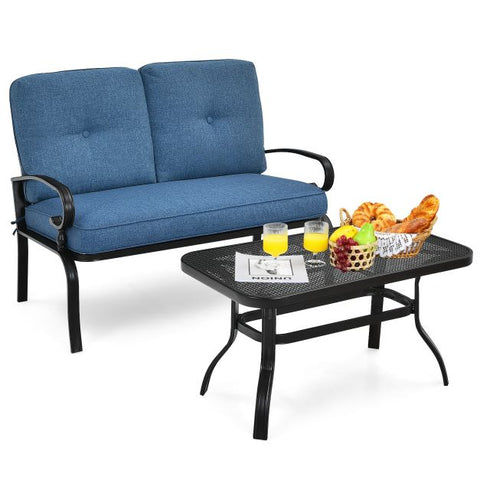 Outdoor Furniture Conversation Bench with soft cushions and Steel Coffee Table