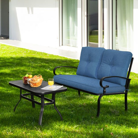 Outdoor Furniture Conversation Bench with soft cushions and Steel Coffee Table