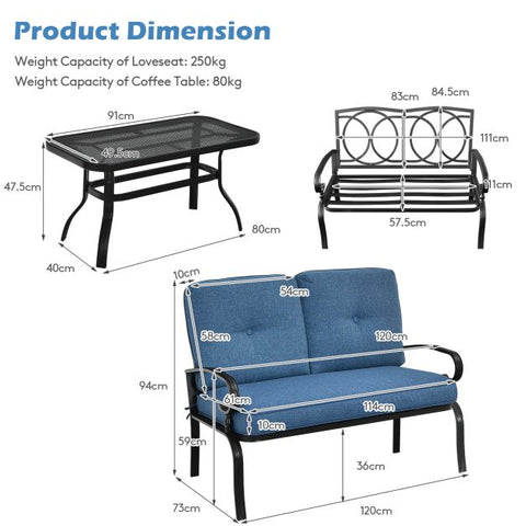 Outdoor Furniture Conversation Bench with soft cushions and Steel Coffee Table