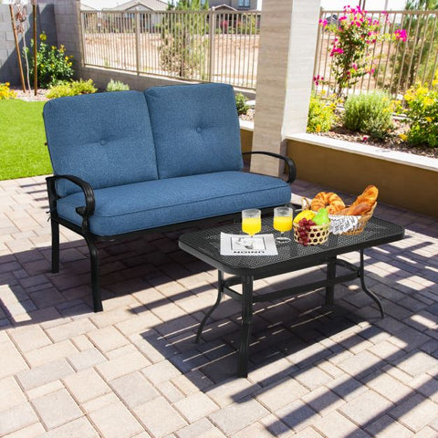 Outdoor Furniture Conversation Bench with soft cushions and Steel Coffee Table