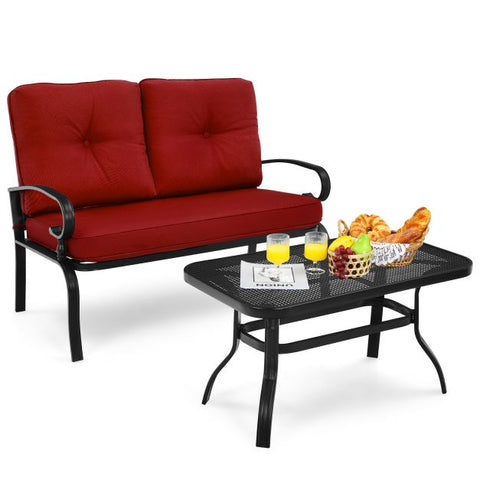 Outdoor Furniture Conversation Bench with soft cushions and Steel Coffee Table