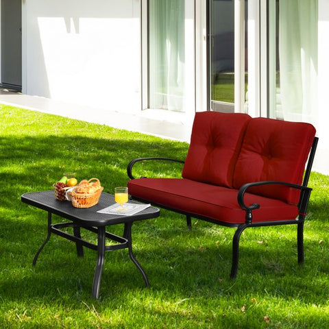 Outdoor Furniture Conversation Bench with soft cushions and Steel Coffee Table
