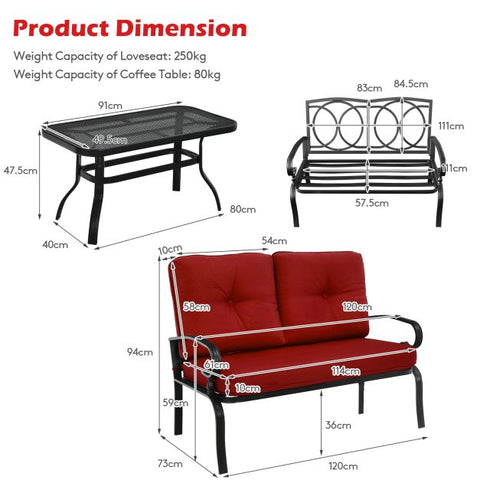 Outdoor Furniture Conversation Bench with soft cushions and Steel Coffee Table