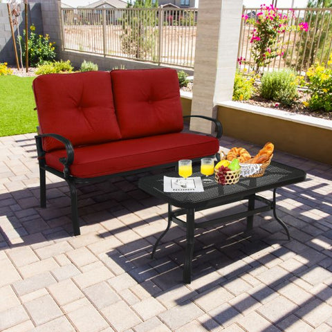Outdoor Furniture Conversation Bench with soft cushions and Steel Coffee Table