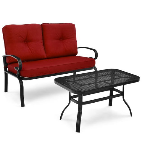 Outdoor Furniture Conversation Bench with soft cushions and Steel Coffee Table