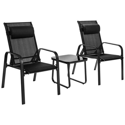 Garden Compact Dining Furniture Set with Stackable Chairs and Coffee Table in Black