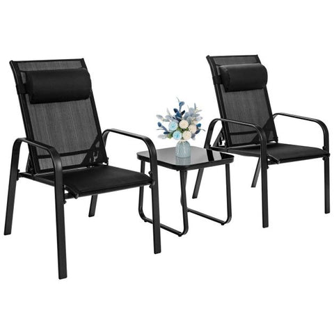 Garden Compact Dining Furniture Set with Stackable Chairs and Coffee Table in Black