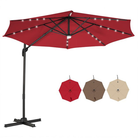 10ft Cantilever Solar Umbrella with 28 LED Lights, Tilt and 360° Rotation