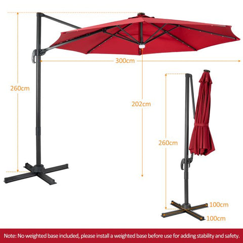 10ft Cantilever Solar Umbrella with 28 LED Lights, Tilt and 360° Rotation