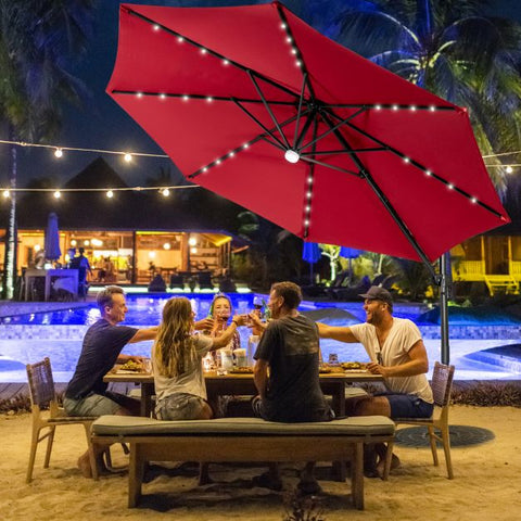10ft Cantilever Solar Umbrella with 28 LED Lights, Tilt and 360° Rotation