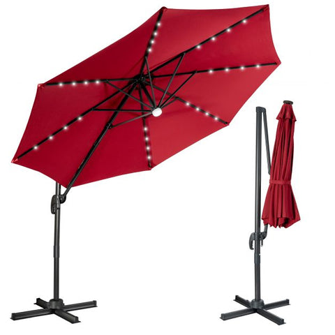 10ft Cantilever Solar Umbrella with 28 LED Lights, Tilt and 360° Rotation