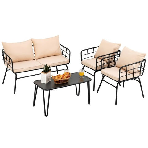 Garden Steel Framed Conversation Set with Soft Cushions in Beige