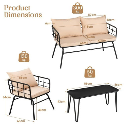 Garden Steel Framed Conversation Set with Soft Cushions in Beige