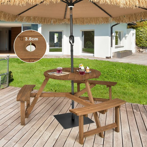Outdoor Wooden Round Picnic Table with Durable Design and Umbrella Hole in Brown