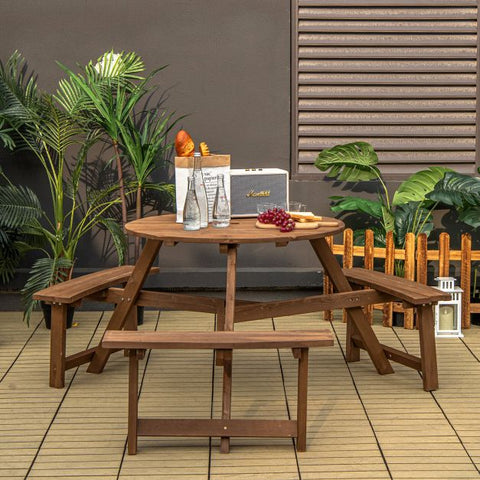 Outdoor Wooden Round Picnic Table with Durable Design and Umbrella Hole in Brown